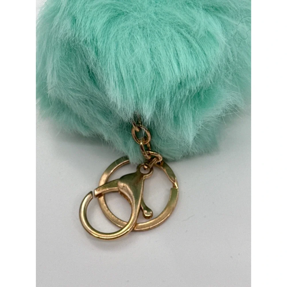 Mint Green Faux Fur Pom Pom Keychain Gold Tone Lobster Clasp Bag Charm